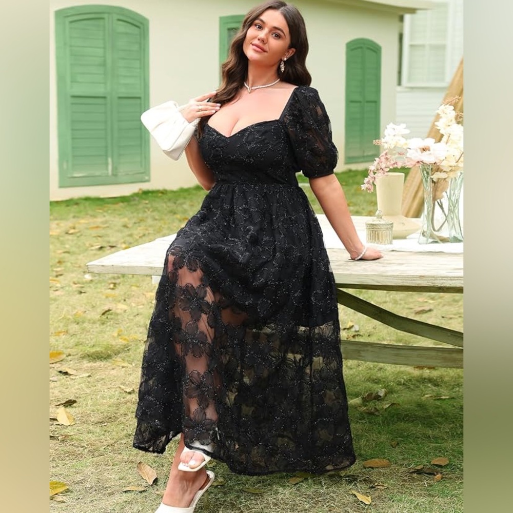 Black Embroidered Floral A-Line Formal Dress - Picture 3 of 8